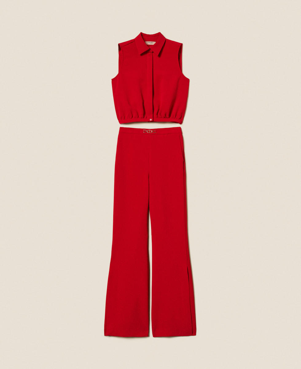 Blusa e pantaloni in cr&ecirc;pe cady con Oval T Rosso Veneziano Donna 252TP2282_00740_S0