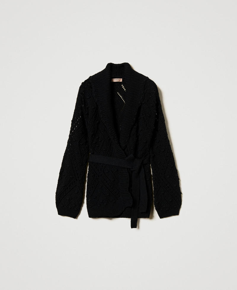 Openwork knit cardigan with belt Black Woman 251TP3543_00006_S0