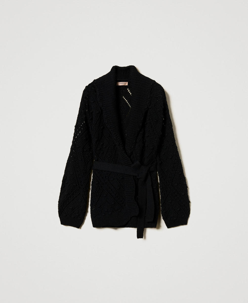 Openwork knit cardigan with belt Black Woman 251TP3543_00006_S0