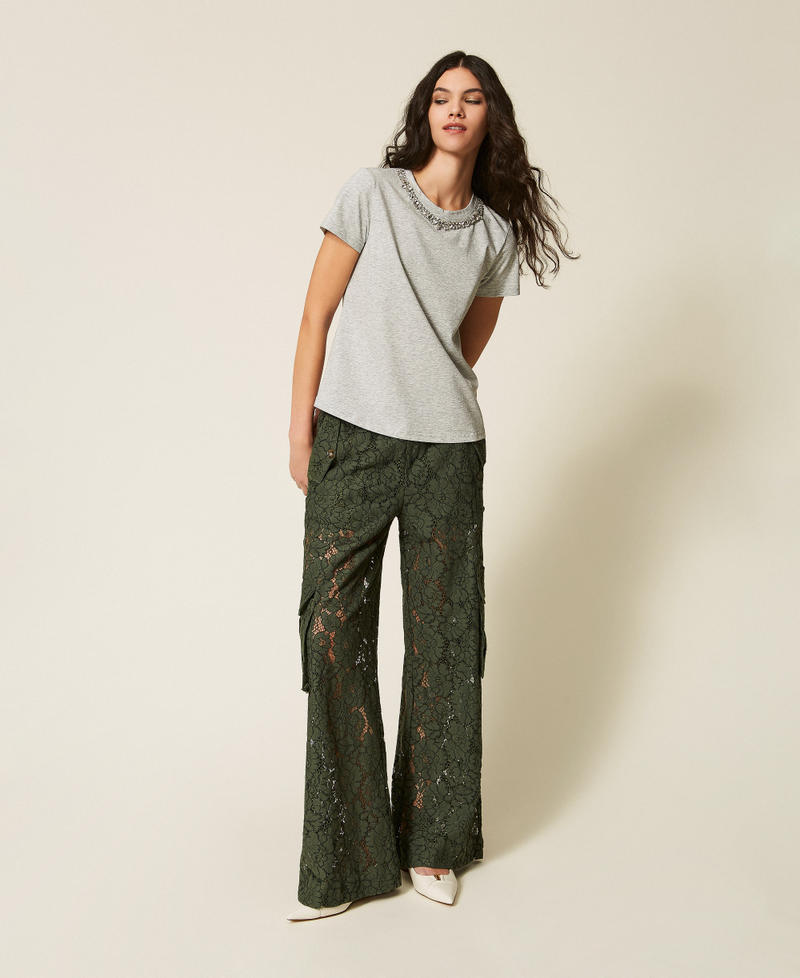 Fitted T-shirt with cabochon embroidery Light Grey Melange Woman 261LL2BEE_12837_T0