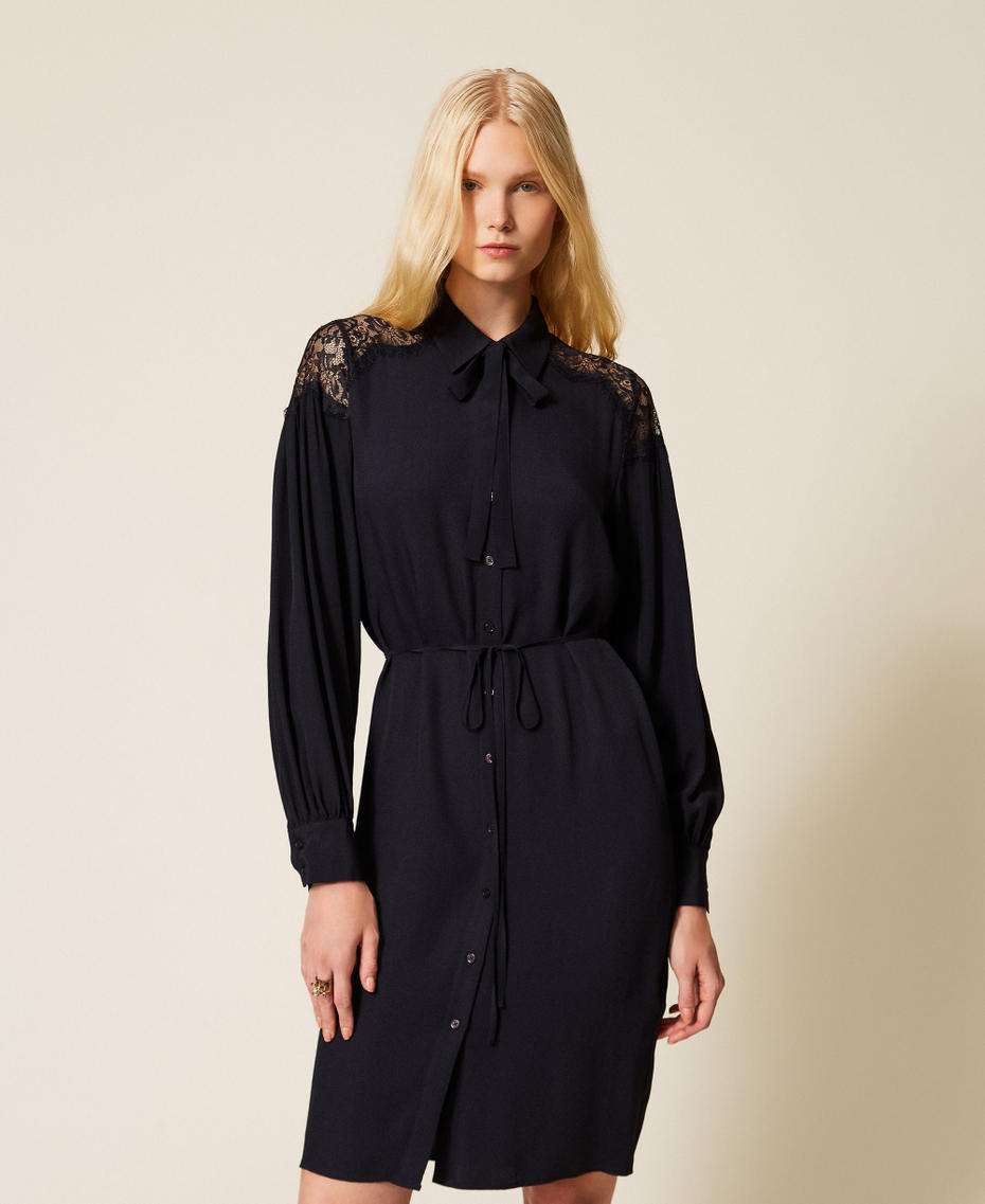 Robe midi en cr&ecirc;pe georgette et dentelle Bleu Nuit Femme 261TP2590_13172_02