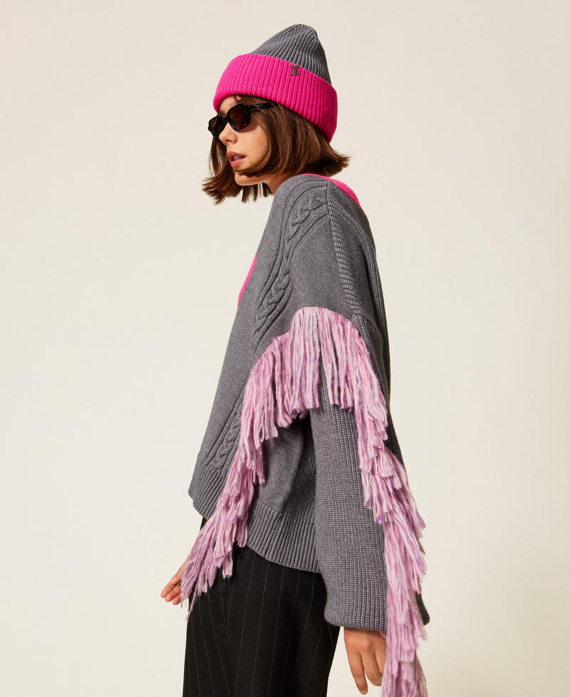 MYFO jumper with fringes and cable knit details Two tone Mid Grey Melange/Fluorescent Pink Woman 252AQ3030_13016_02