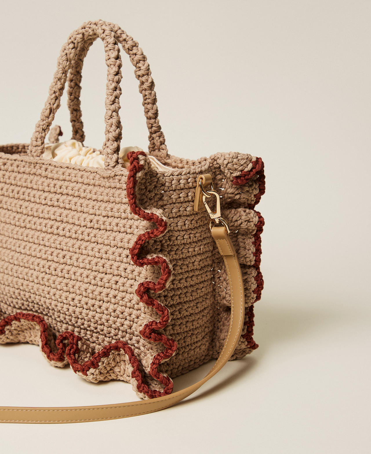 Crochet shoulder bag with flounces Two-tone Rope Beige/Henna Brown Woman 261TD8291_13498_03