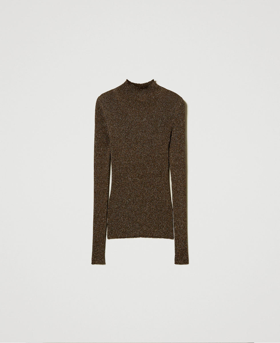 Pull col montant en fil Lurex Bicolore Noir/Or Fonc&eacute; Femme 242TT3461_12028_S0