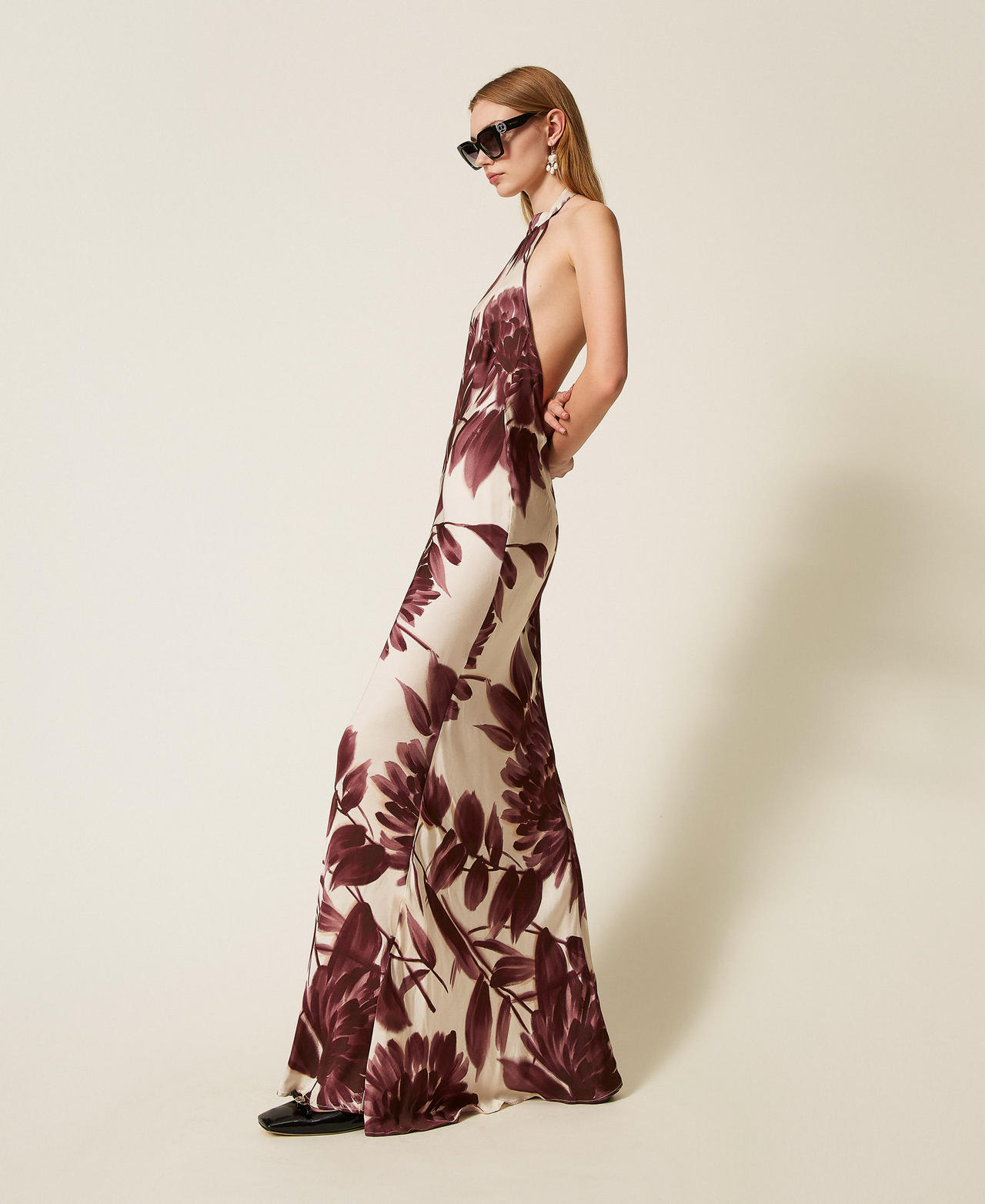 Long floral print dress Winetasting/Old White Dahlia Print Woman 252TP2705_12785_02