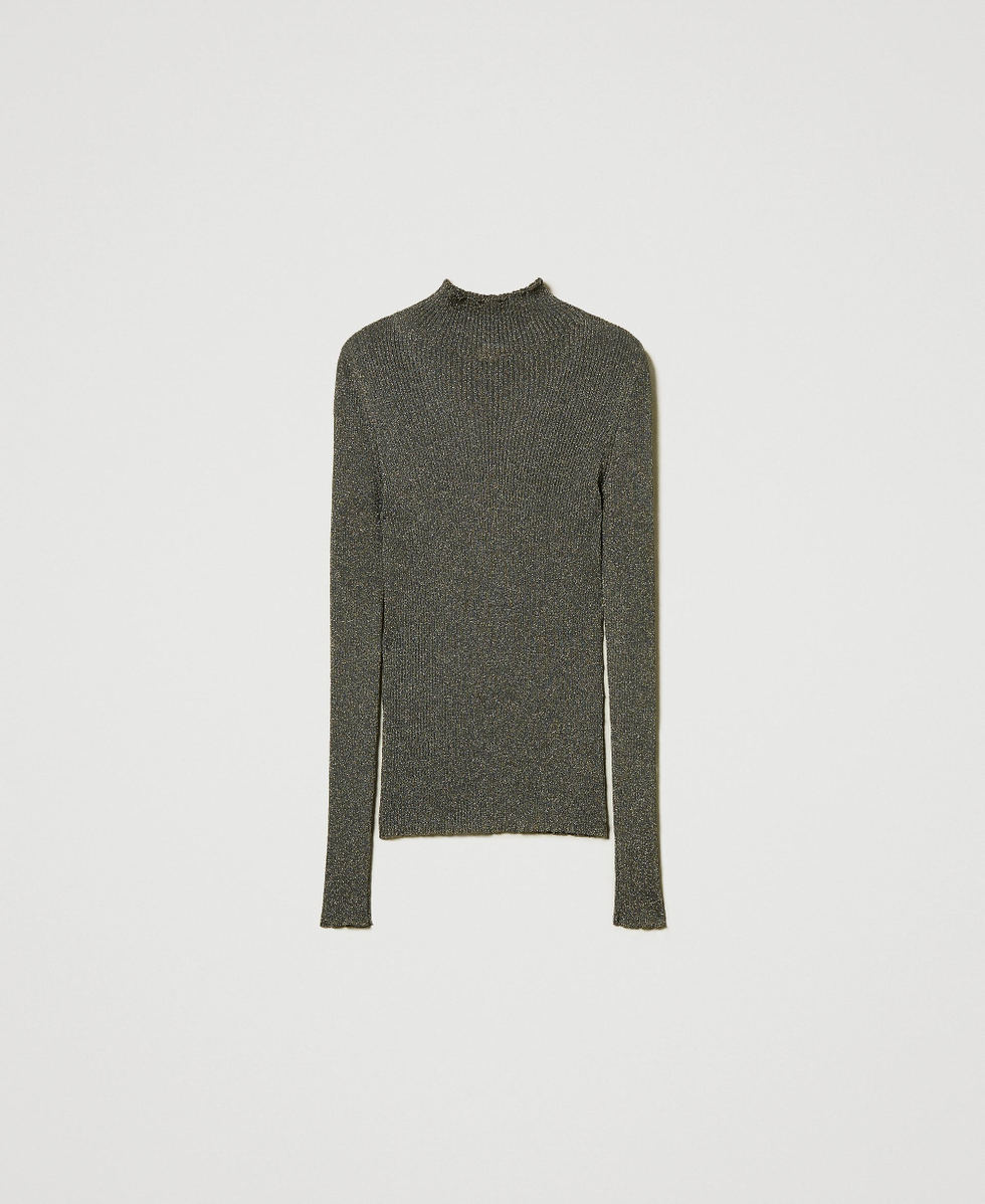 Pull col montant en fil Lurex Bicolore Taupe Fonc&eacute;/Or Femme 242TT3461_12038_S0