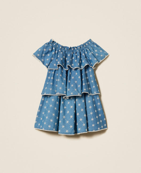 Girls&rsquo; short embroidered chambray dress