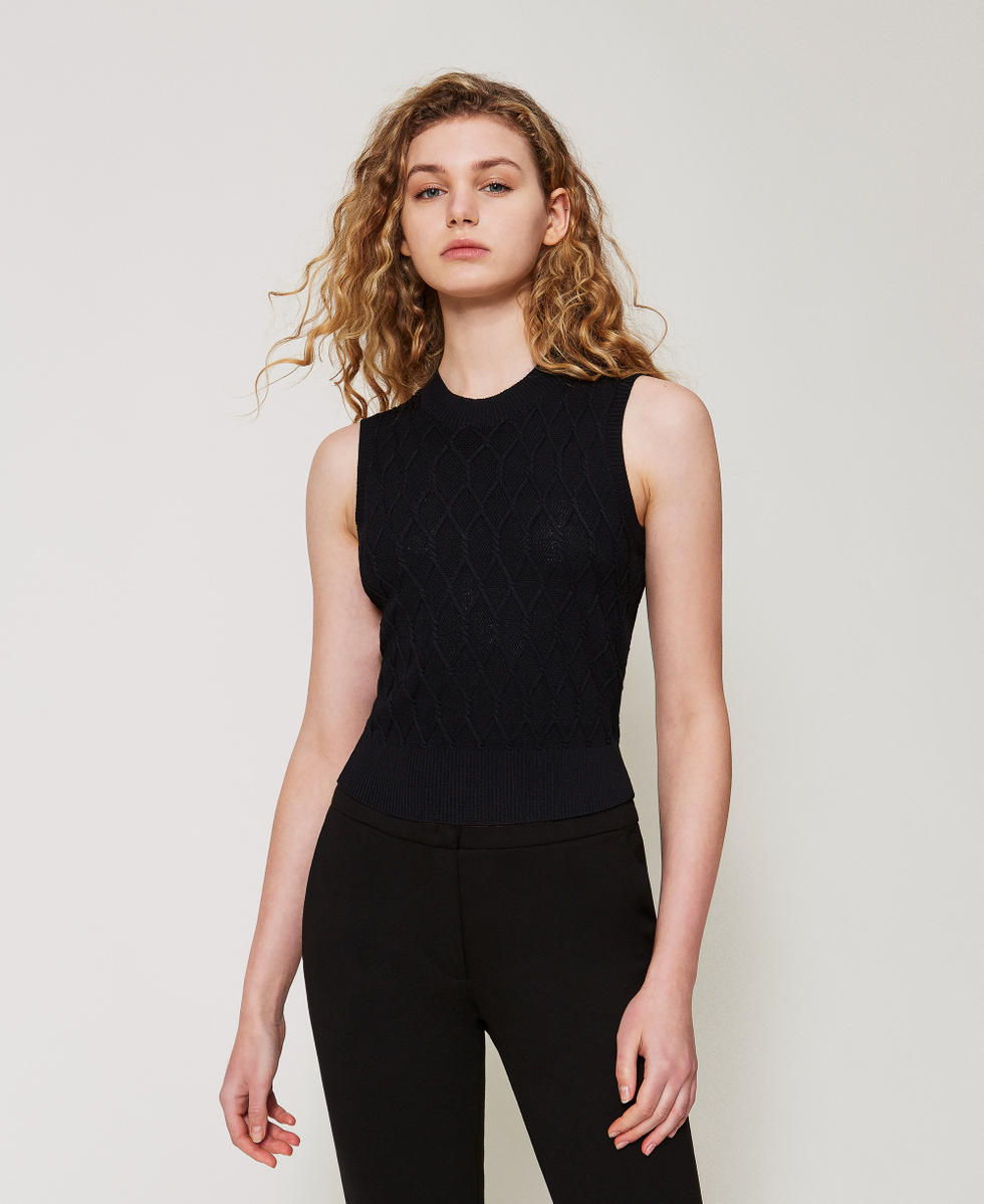 Top en maille avec losanges Noir Femme 251LL3HAA_00006_01