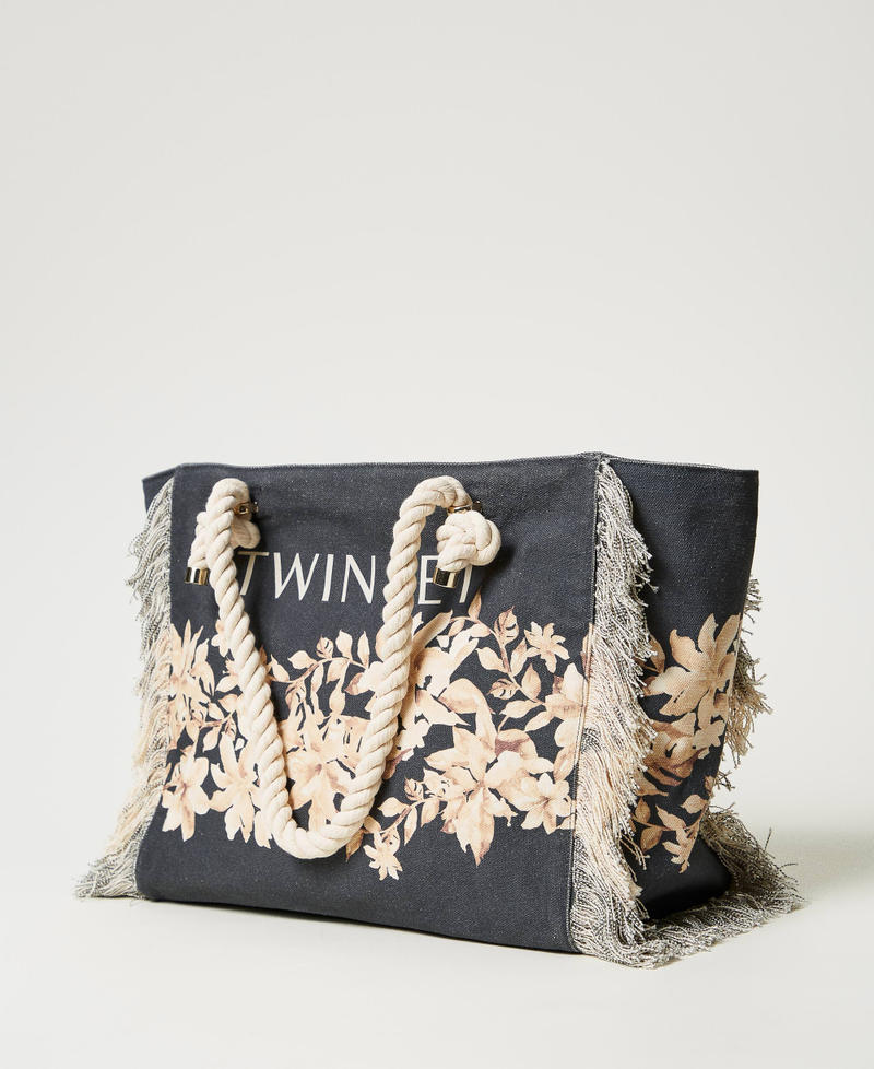 Printed canvas shopper bag Black/Natural Beige Floral Print Woman 251LB7AAA_12195_02