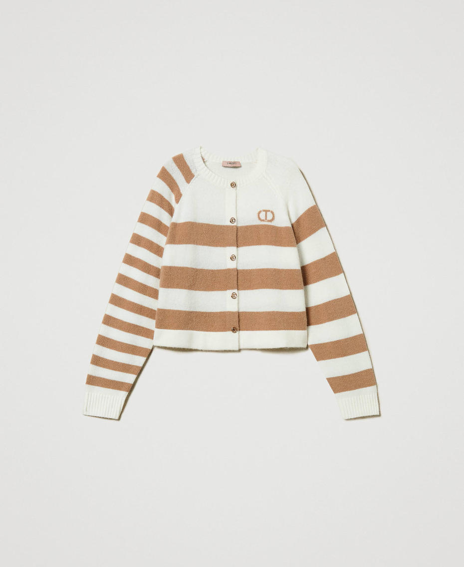 Two-tone striped cardigan Two-tone Snow White / Sandy Brown Woman 242TP3371_11918_S0