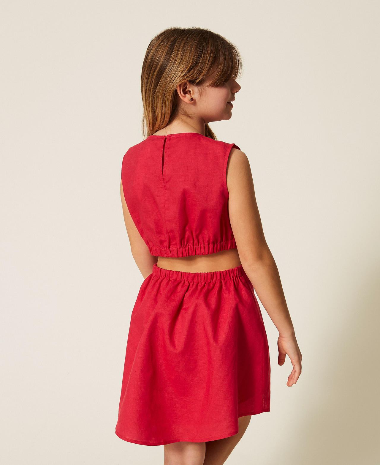 Robe courte en lin avec d&eacute;coupe Rouge &laquo;&nbsp;Magenta&nbsp;&raquo; Fille 261GJ2032_13160_03