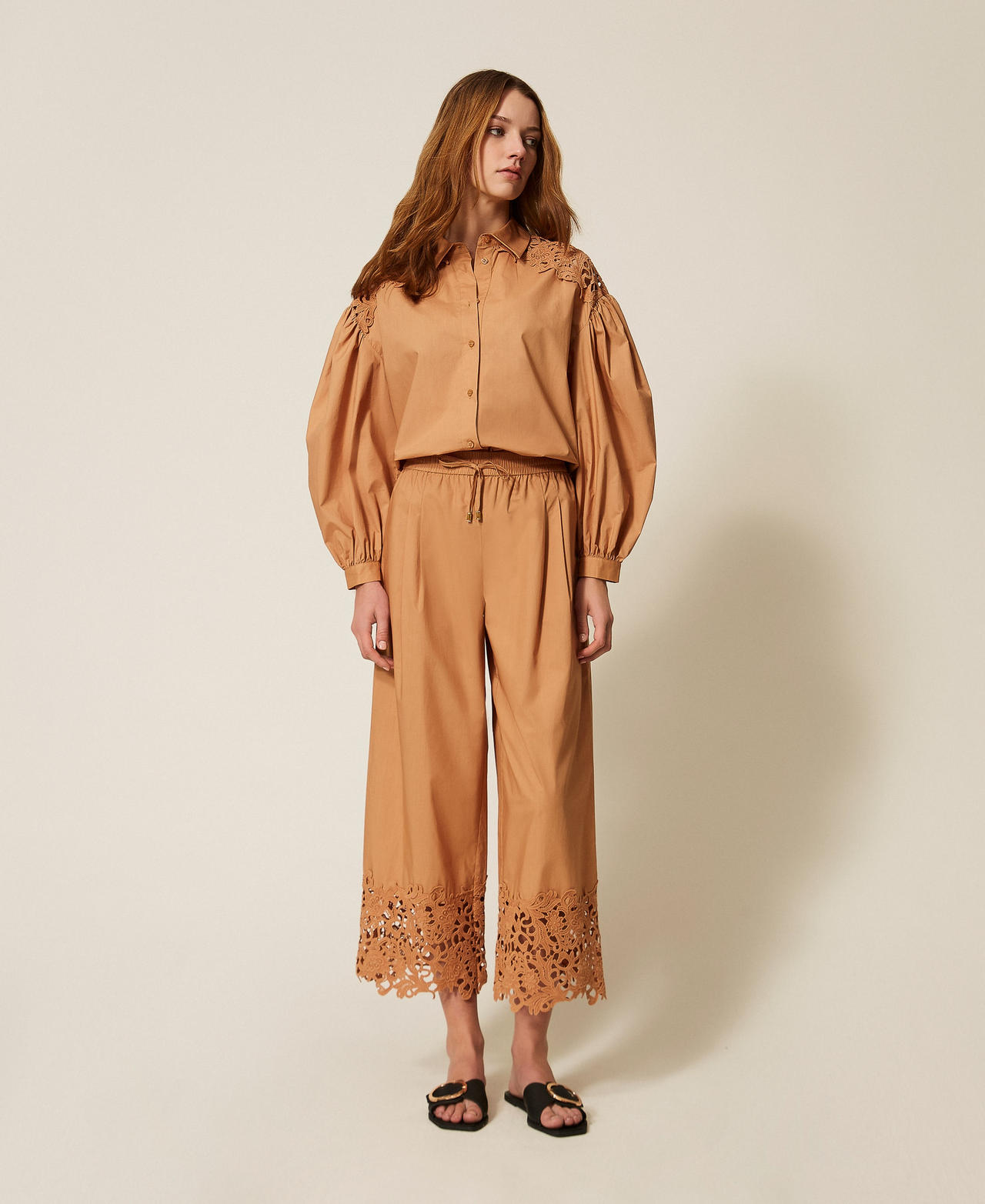 Twinset Beachwear - Wide poplin trousers with macramé, "Hazelnut" Brown, Lace, Size: XS