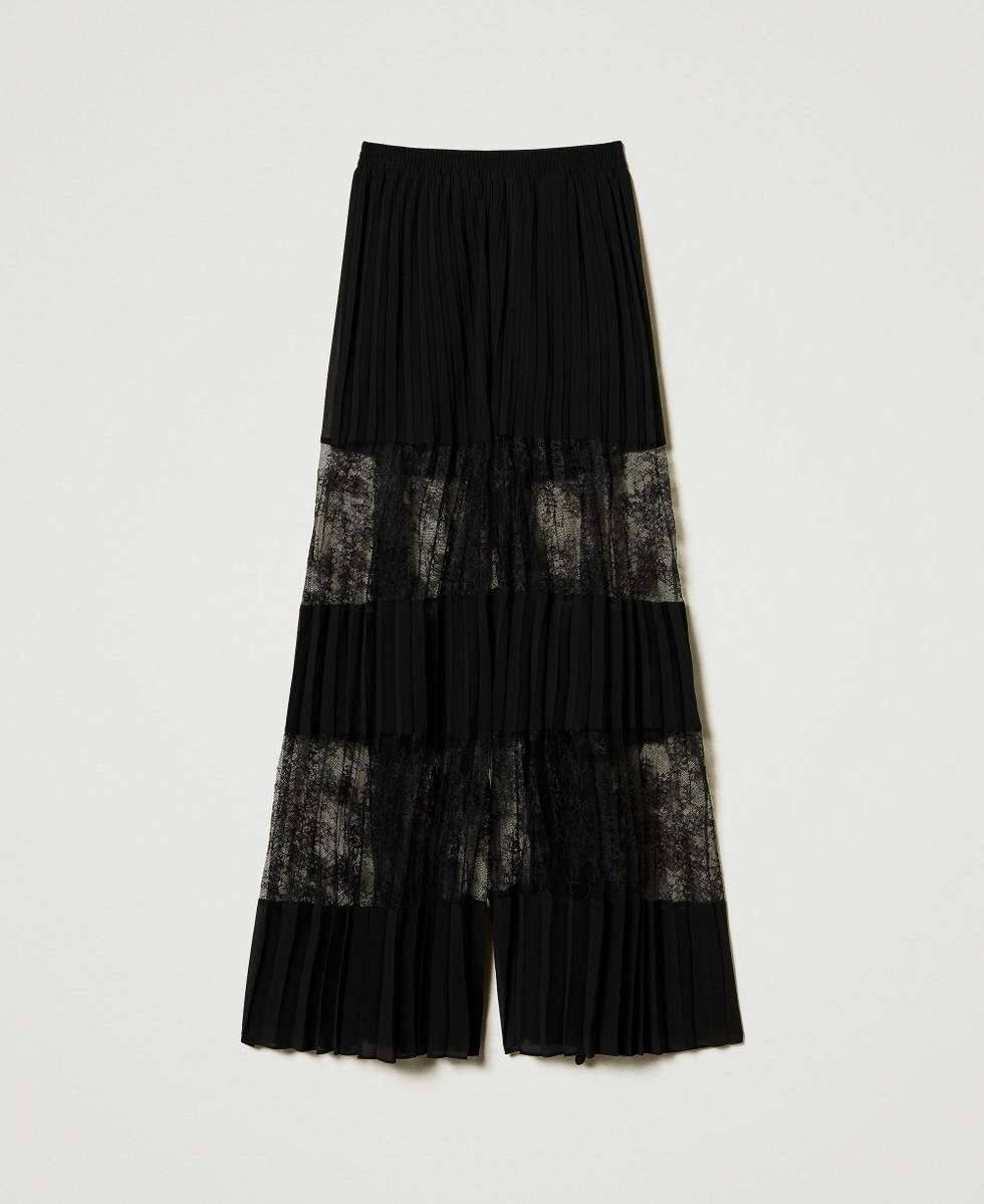 Pantalon en cr&ecirc;pe georgette pliss&eacute; avec dentelle Noir Femme 251TP2782_00006_S0