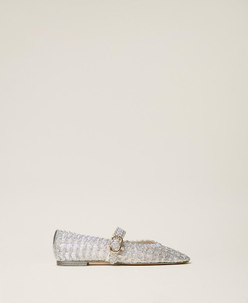 Ballet flats with strap and embroidery Silver Woman 261TGT074_00995_01