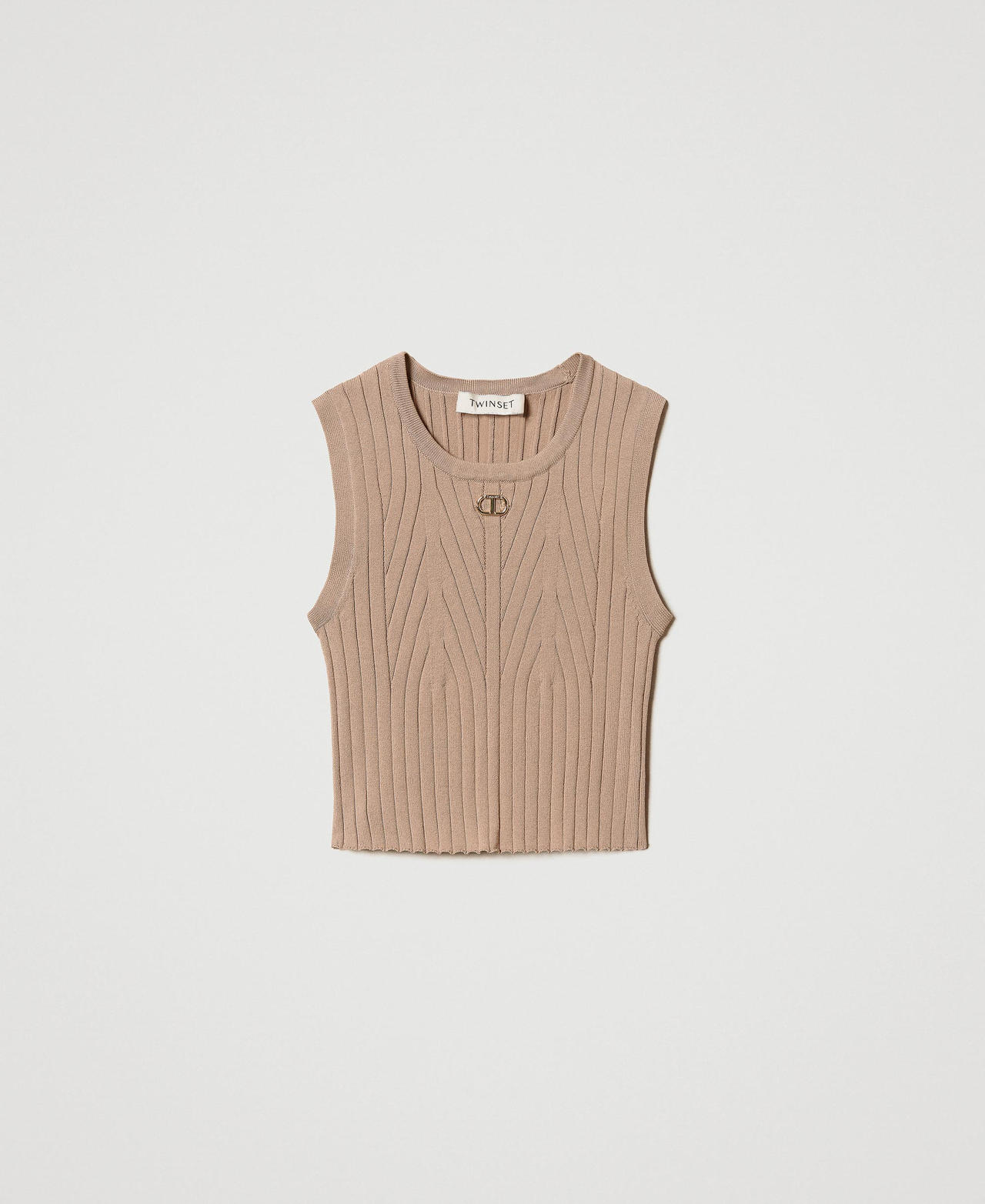 Rib knit top with Oval T Beige Hemp Girl 251GJ3404_00310_0S