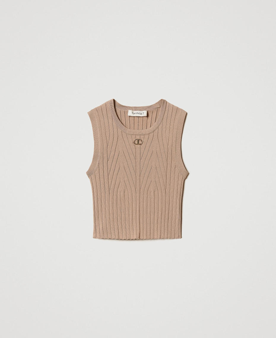 Rib knit top with Oval T Beige Hemp Girl 251GJ3404_00310_S0