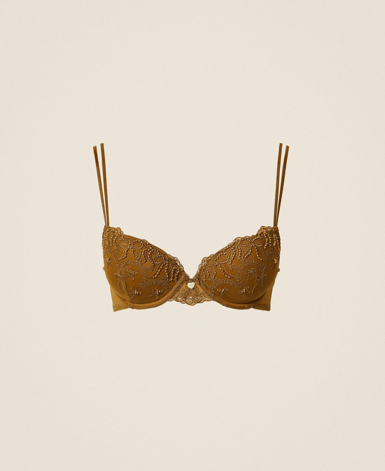 TWINSET - Soutien-gorge push-up en tulle brodé avec nauds, Femme, Vert Shiny Oil, 3-C