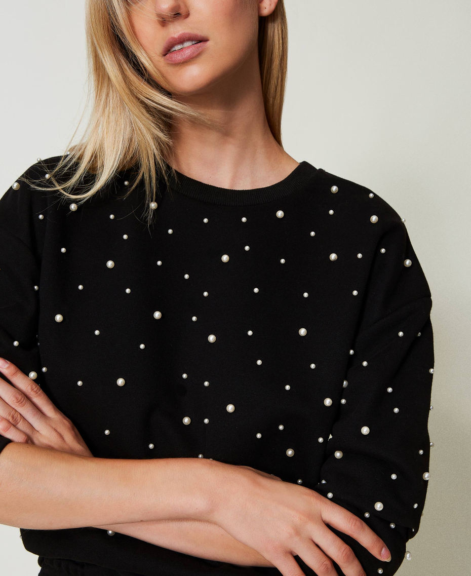 Crew neck sweatshirt with pearls Black Woman 242LL2NCC_00006_04