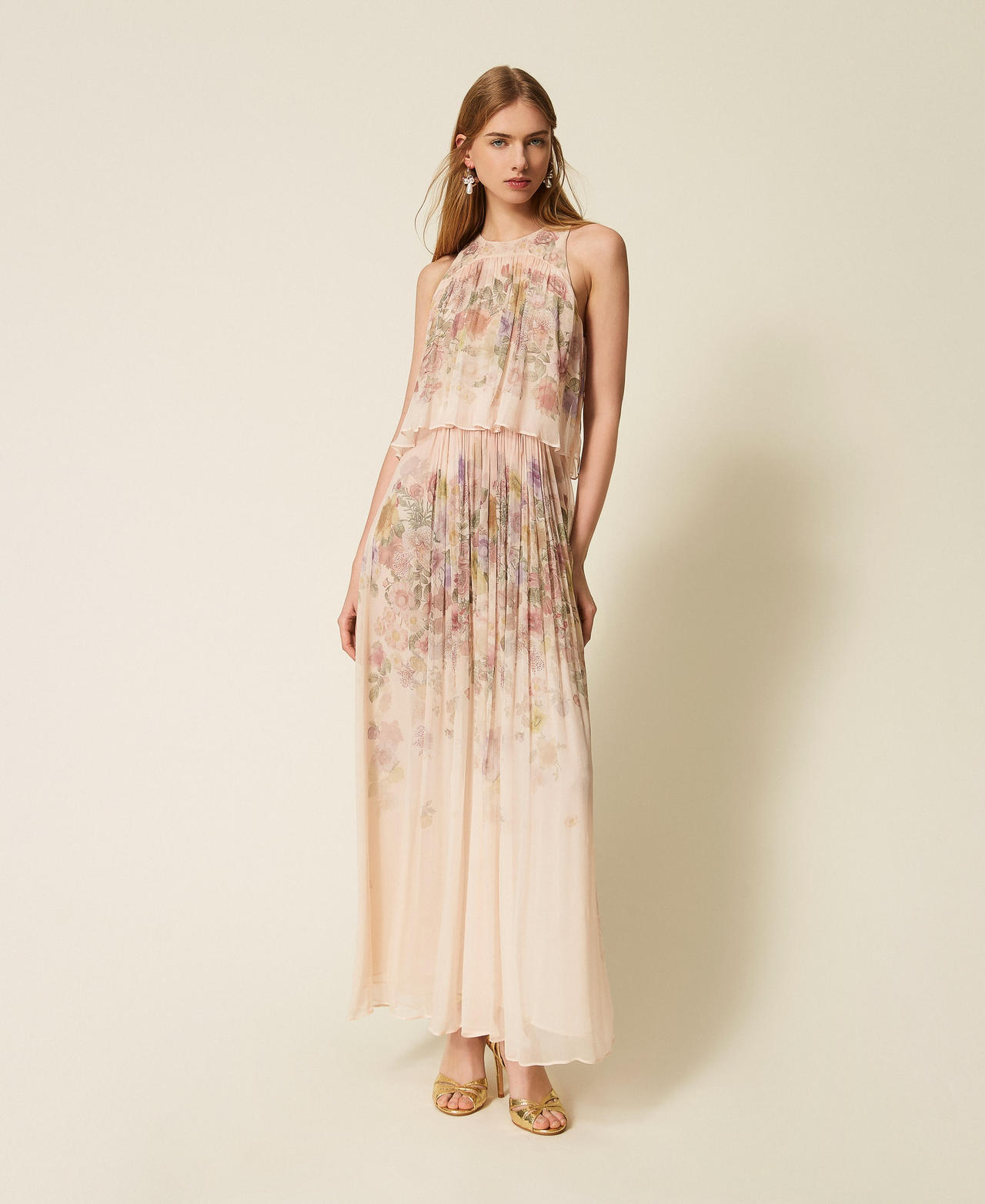 Long cr&eacute;pon floral dress Wildflowers Pastel Colour Print Woman 261TT2560_13588_01