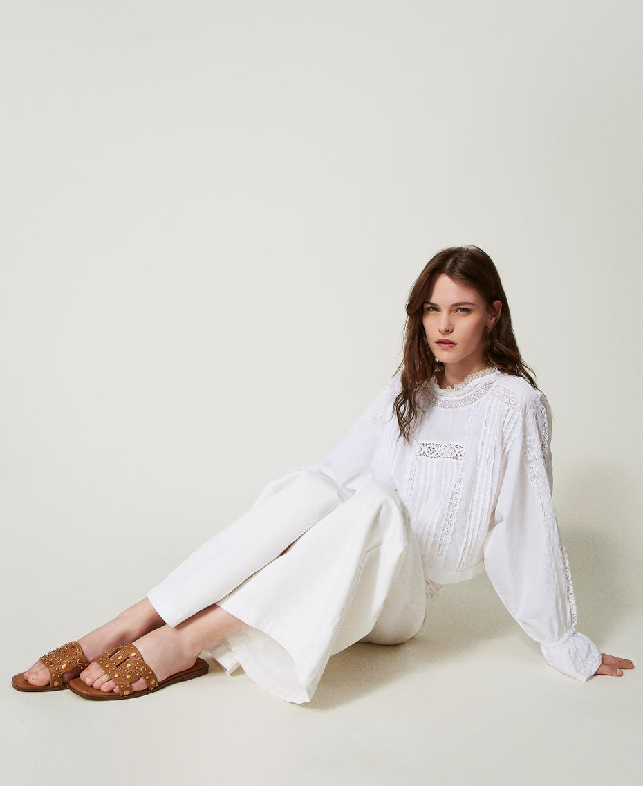 Sandali slide in pelle con borchie Cuoio Donna 251TGT072_00057_T0