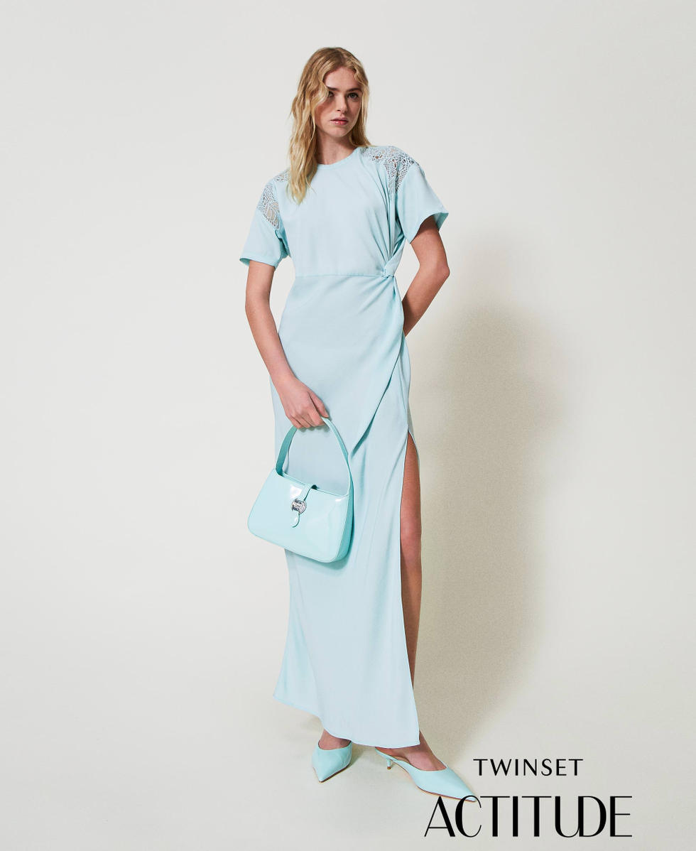 Long twill dress with embroidery Light Canal Blue Woman 251AP2420_12134_PA