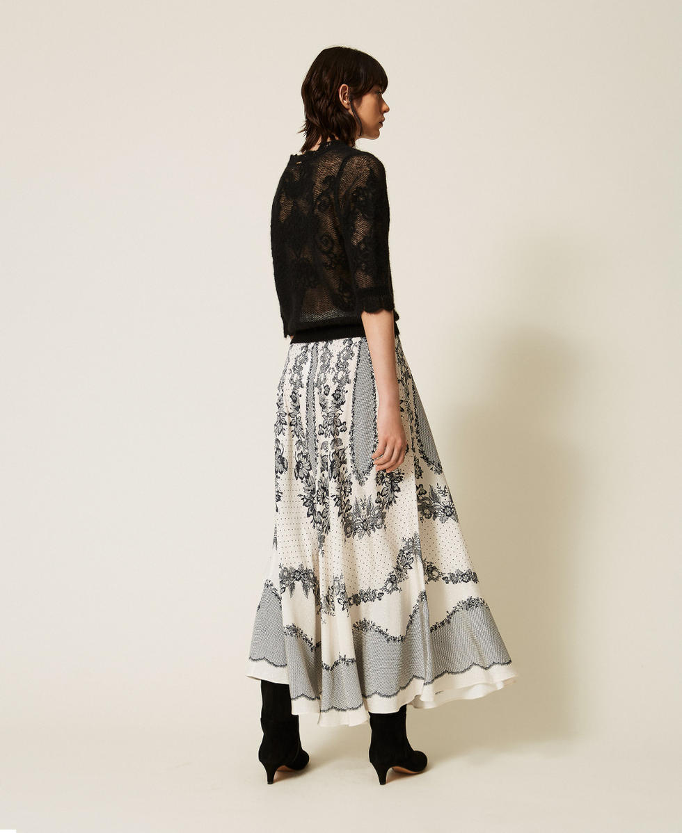 Jacquard satin long skirt with floral and polka dot pattern Black/Mother of Pearl Lace And Flowers Print Woman 262TP267E_13947_03