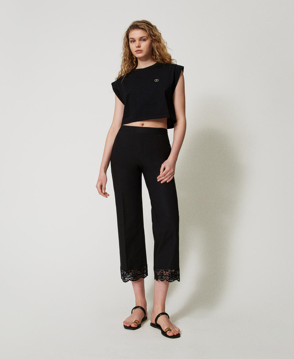 Cropped poplin trousers with lace Black Woman 251TT2094_00006_01
