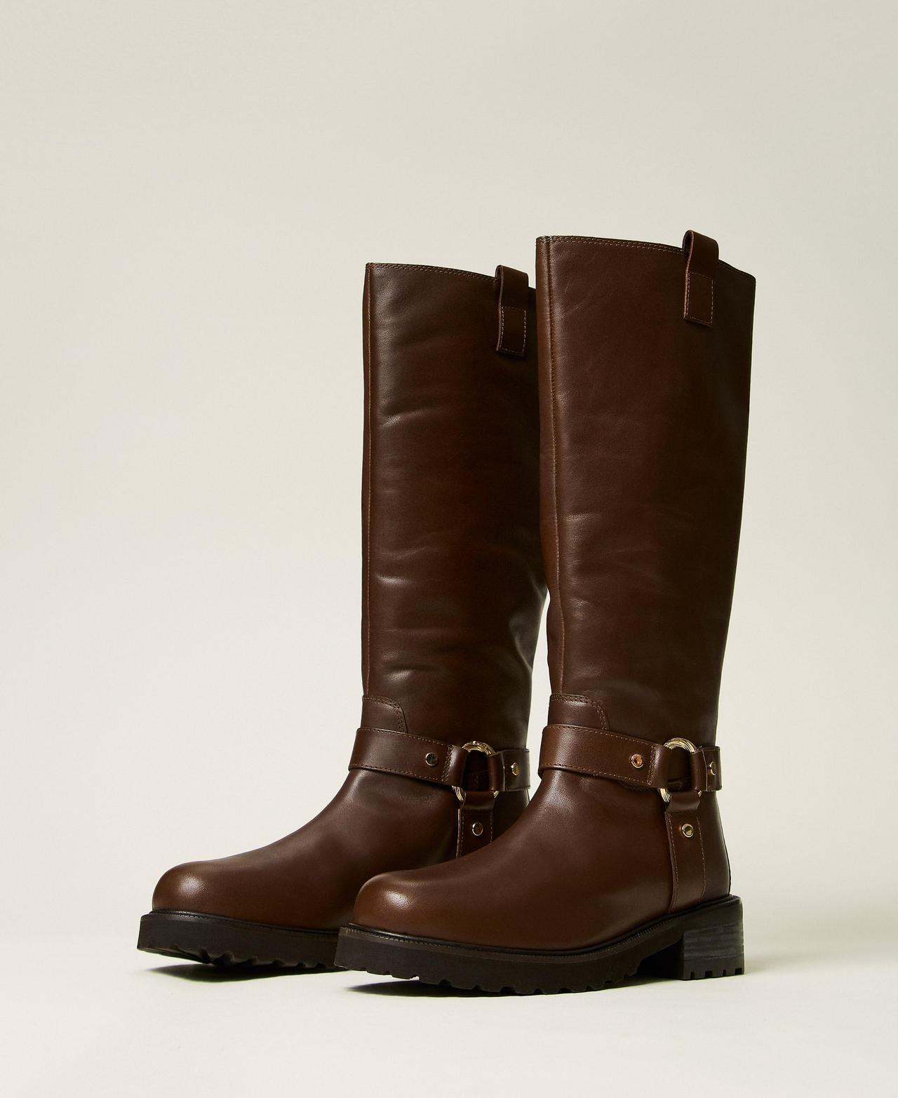 Hohe Bikerstiefeletten aus Leder mit Ring Darkness Brown Frau 262TCP064_13411_02