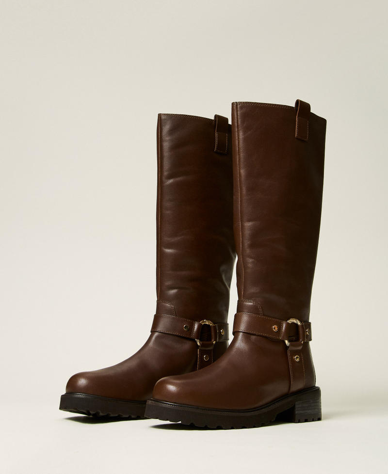 Hohe Bikerstiefeletten aus Leder mit Ring Darkness Brown Frau 262TCP064_13411_02