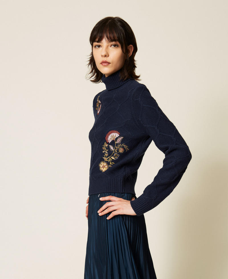 Turtleneck wool jumper with floral embroidery Blue Paint Woman 262AP3190_13182_02