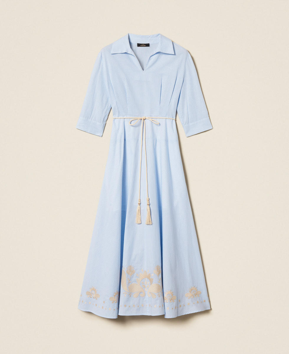 Robe longue ray&eacute;e avec broderie Blanc Cass&eacute;/Bleu Clair Broderie Pinstripe Femme 261AT2032_13391_S0