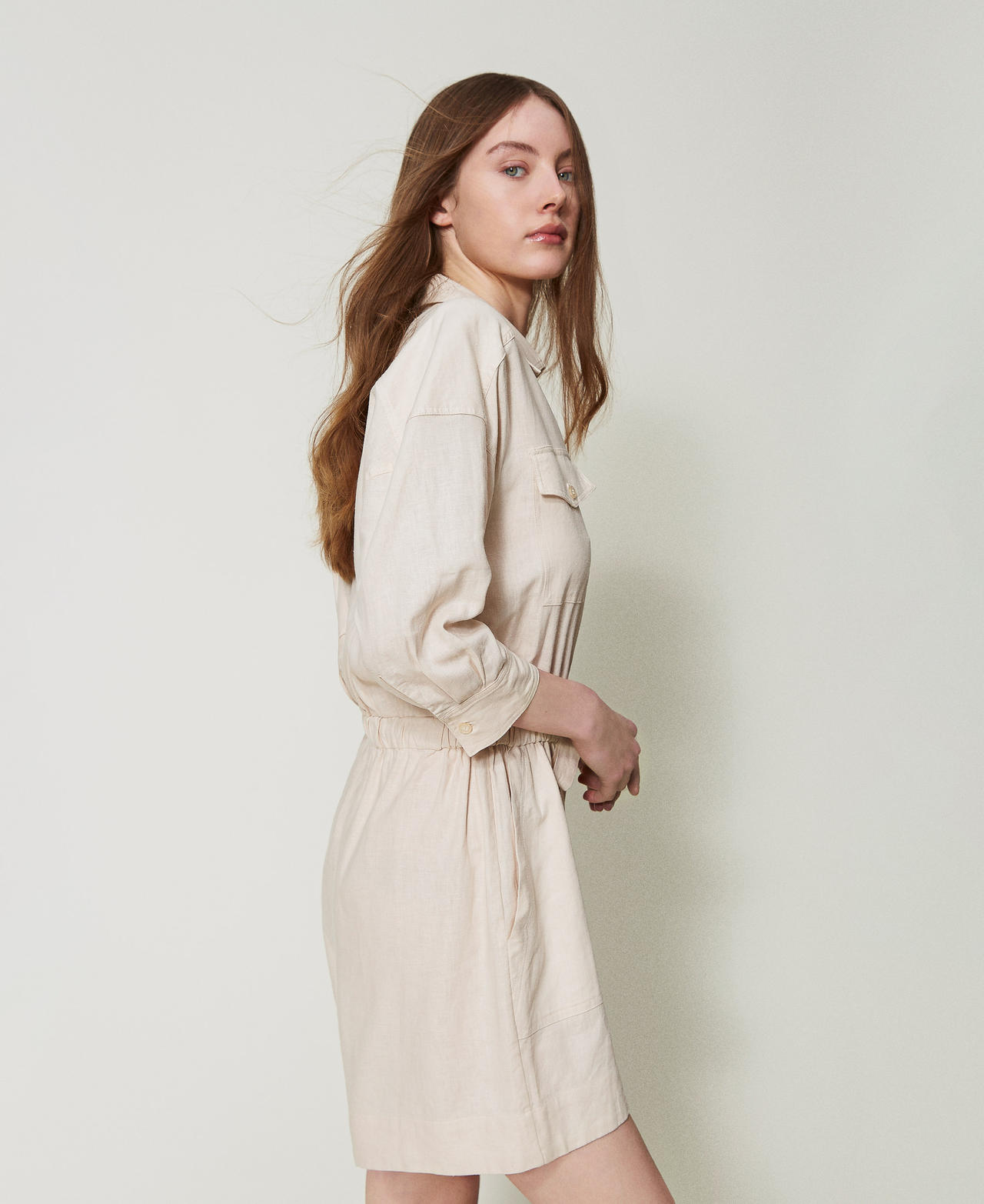 Linen-blend short jumpsuit Almond Beige Woman 251LM2QAA_12363_02