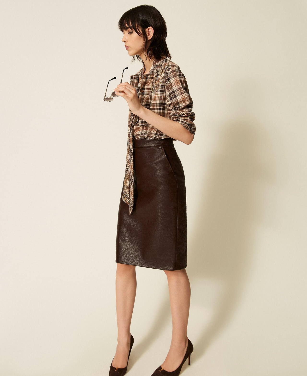 Actitude By Twinset Women's Chocolate Plum Faux Leather Midi Skirt