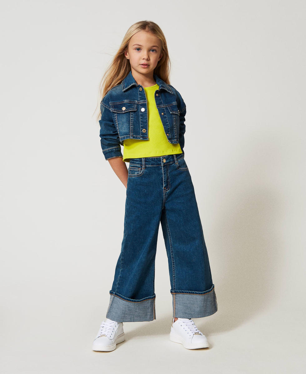 Blouson cropped en jean Denim Bleu Fonc&eacute; Fille 251GJ2600_12231_T0