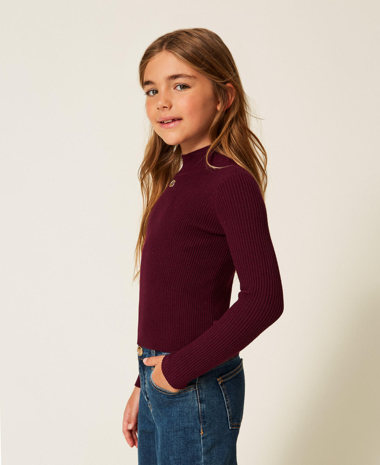 Pull col montant côtelé avec Oval T Rouge Bordeaux Fille 252GJ3042_04218_02