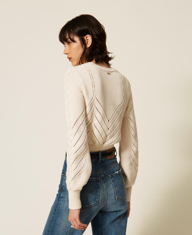 Cropped wool blend jumper with chevron design "Parchment" Beige Woman 262TP3192_07222_03