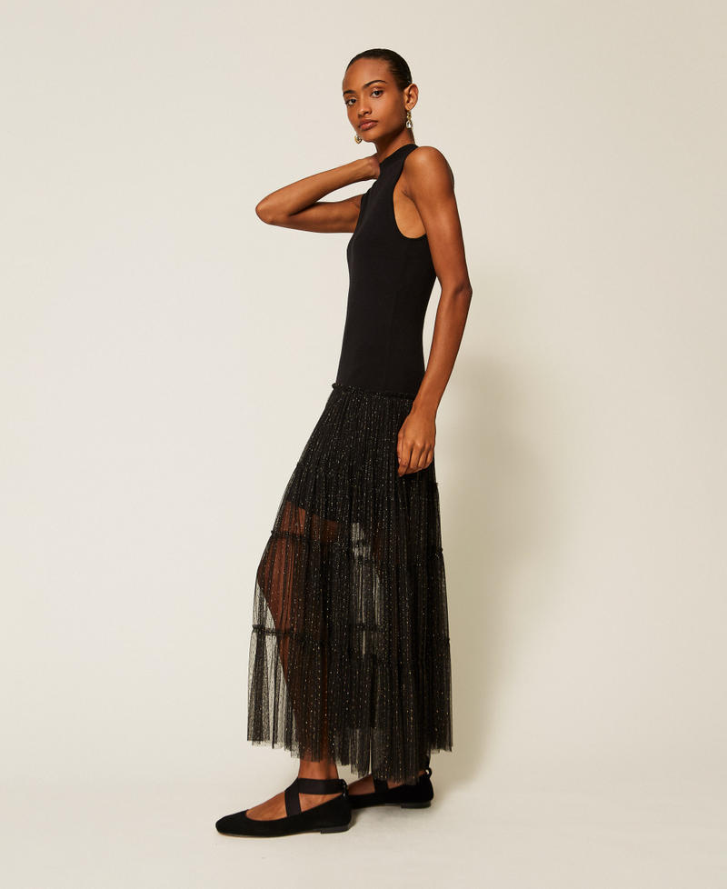 Abito lungo smanicato in maglia e tulle plumetis Nero Donna 262TT3421_00006_02