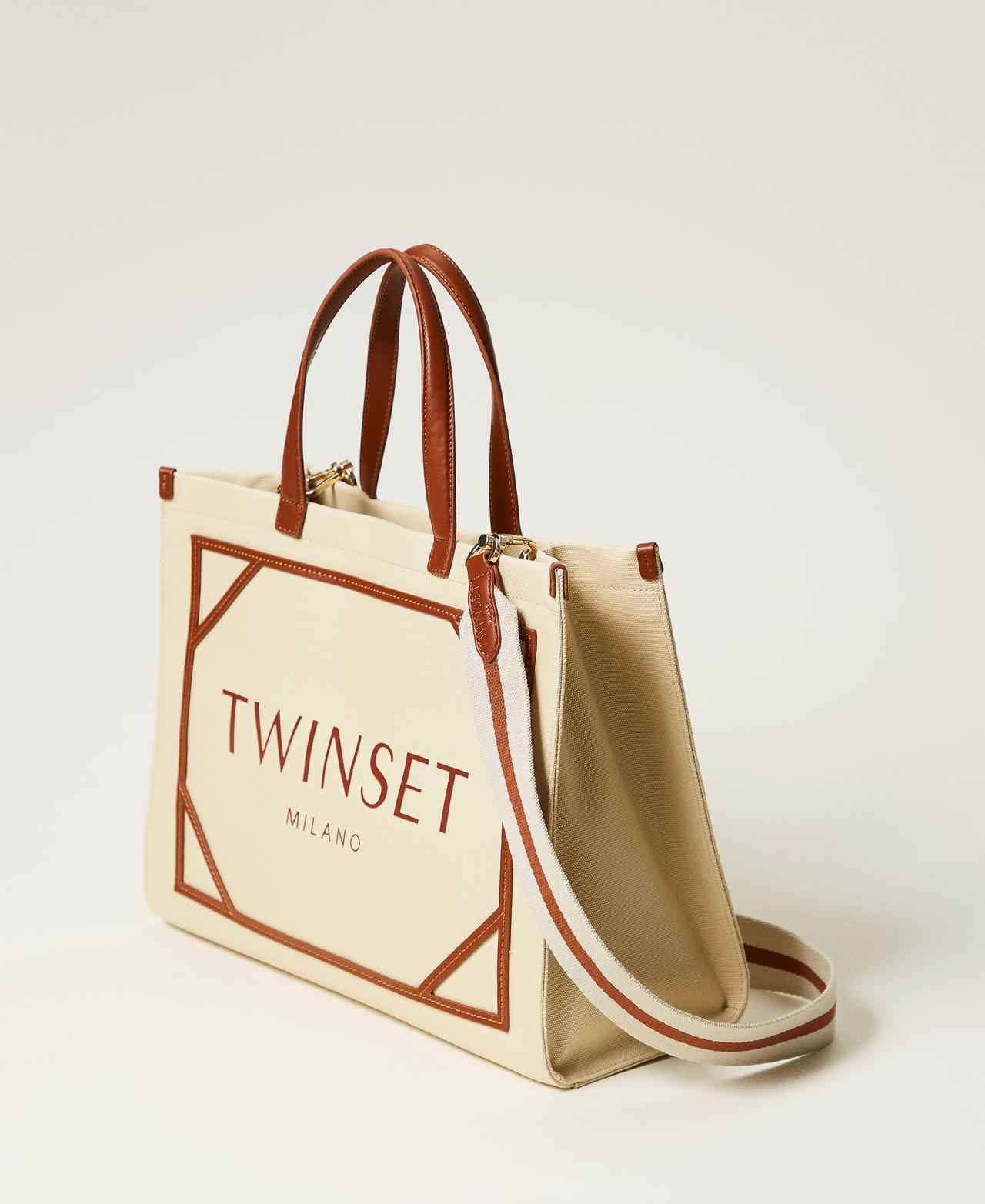 Canvas shopper bag with logo Light Wood Beige Woman 251TB7081_12186_02