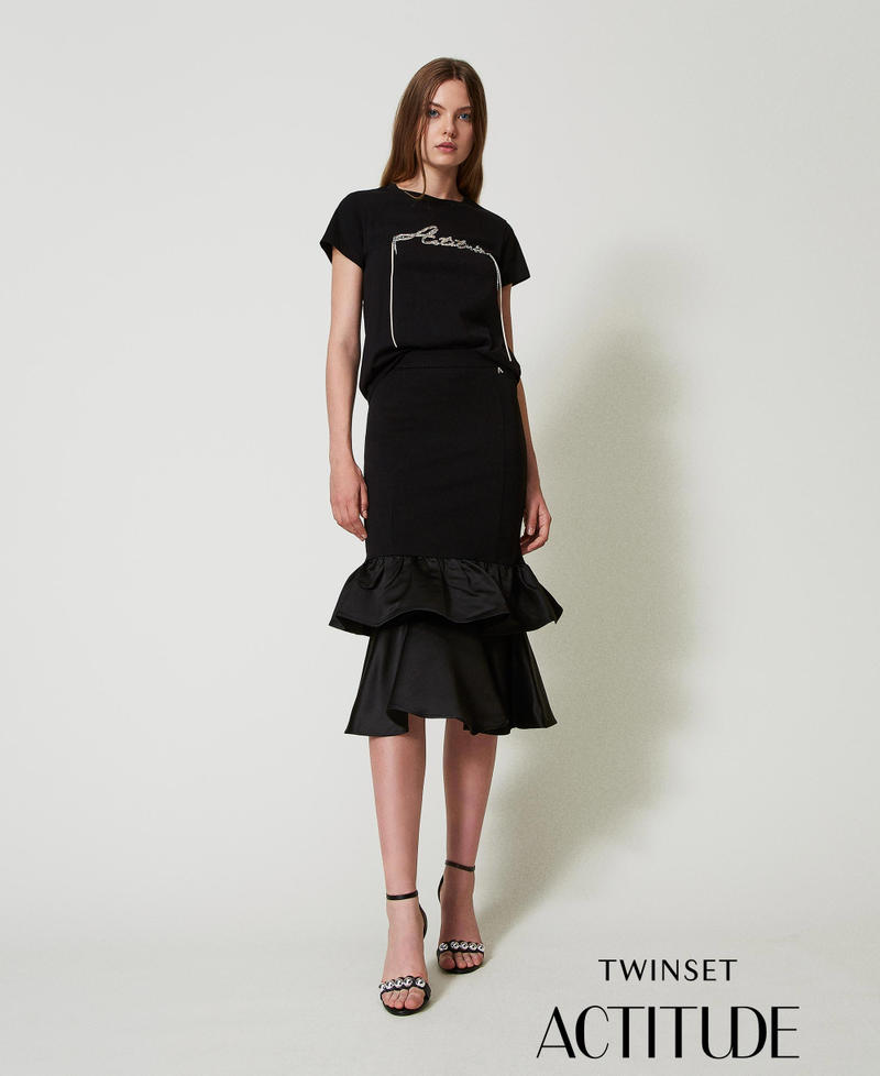 Midi skirt with satin flounces