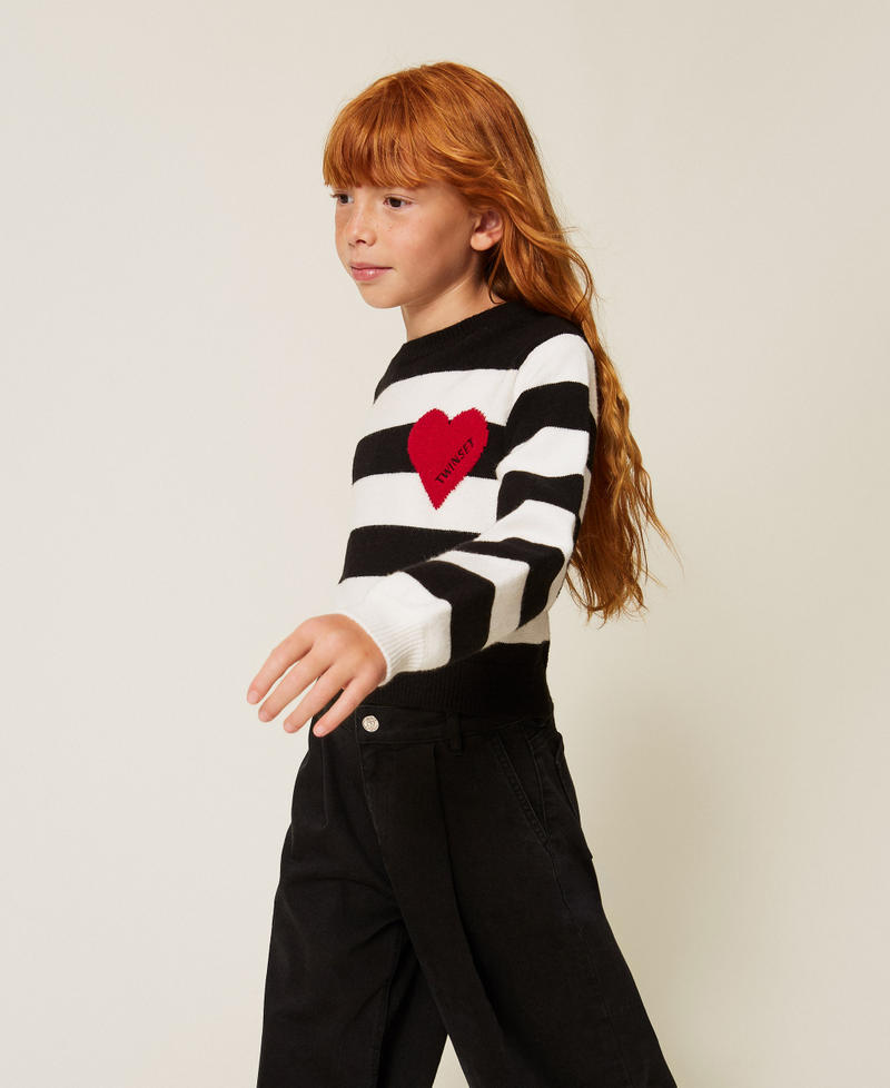 Striped jumper with heart and logo Black/"Snow" White/"Magenta" Heart Red Stripes Girl 262GJ3042_13776_02