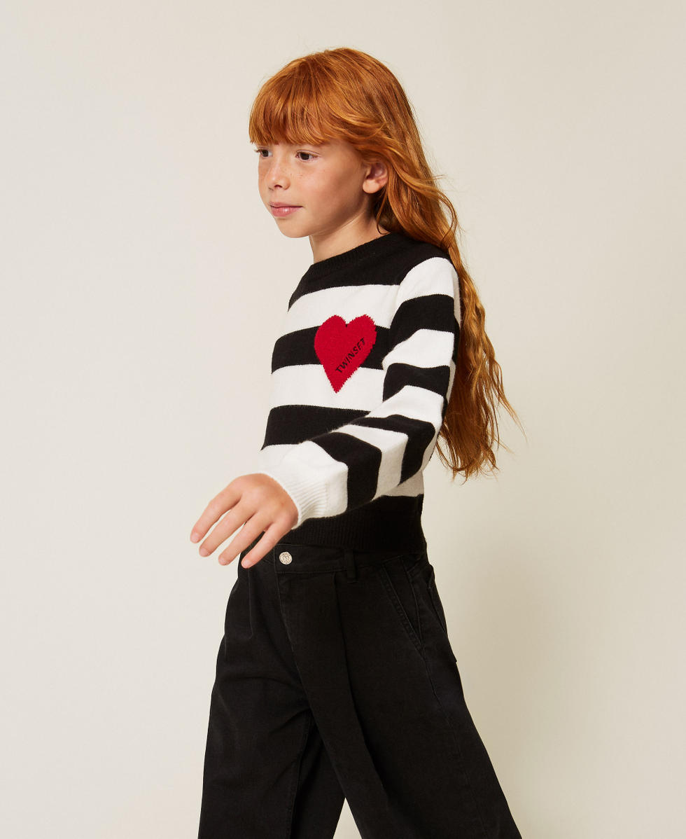 Striped jumper with heart and logo Black/"Snow" White/"Magenta" Heart Red Stripes Girl 262GJ3042_13776_02