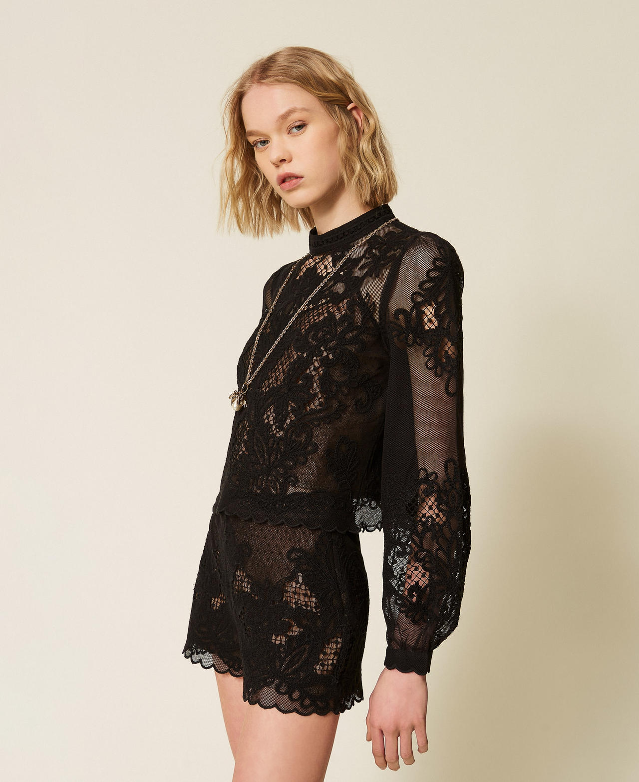 Mesh blouse with embroidery Black Woman 261TQ2010_00006_02