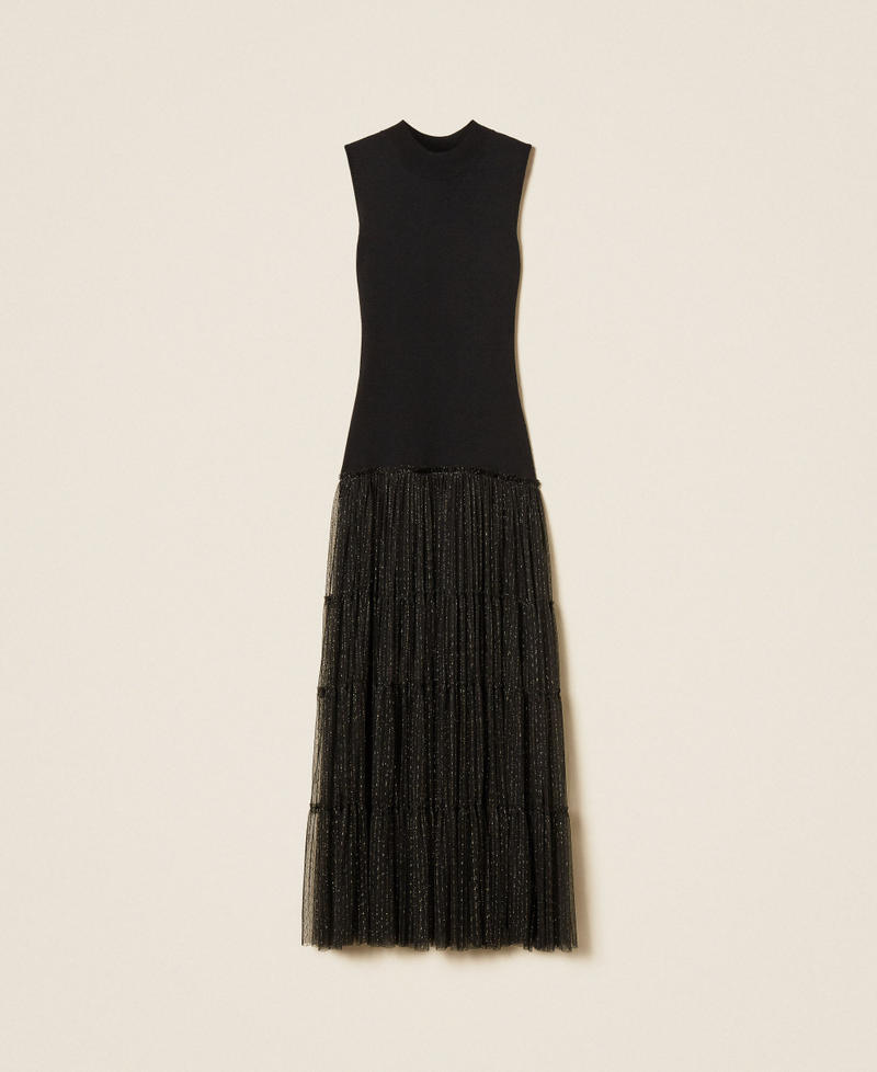 Abito lungo smanicato in maglia e tulle plumetis Nero Donna 262TT3421_00006_S0
