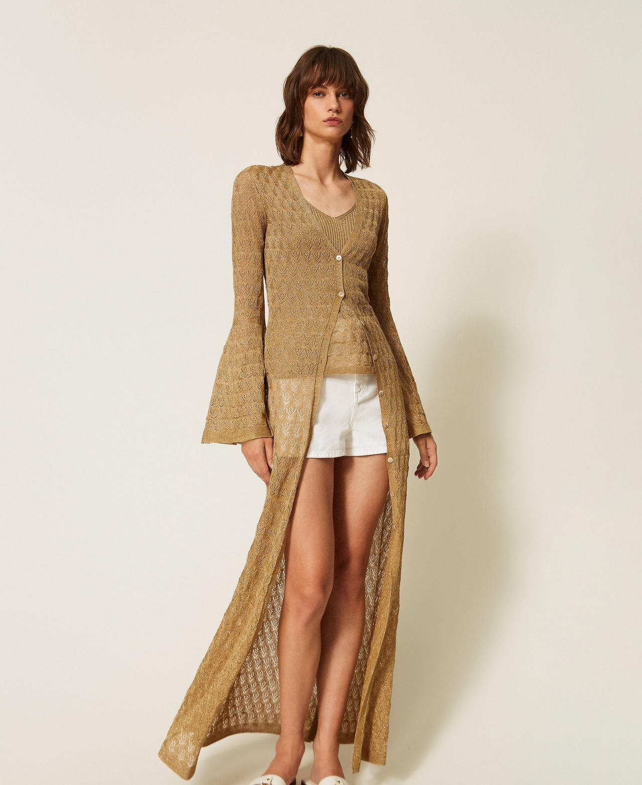 Long knit cardigan with flared sleeves Golden Green Lurex Woman 262TP3Q33_12454_04