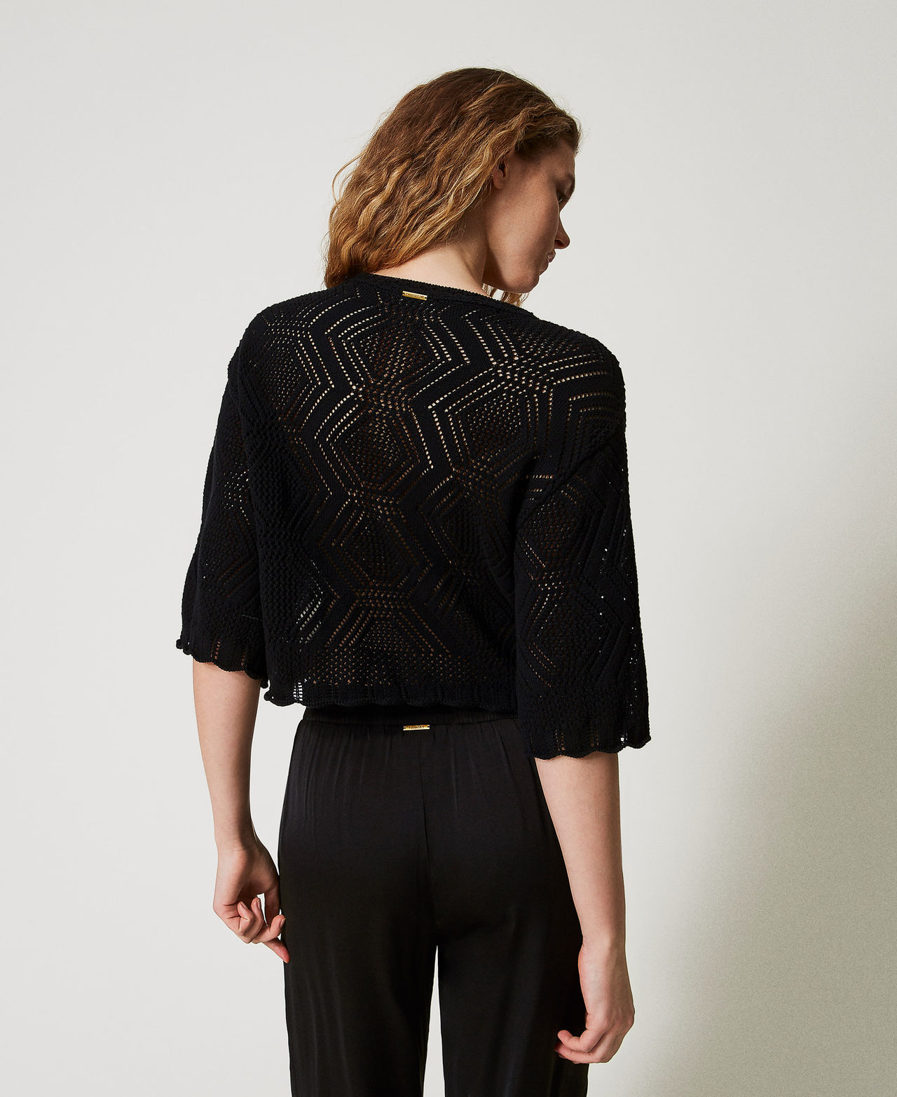 Rundhalspullover mit Durchbruchmuster Schwarz Frau 251LL3SAA_00006_03