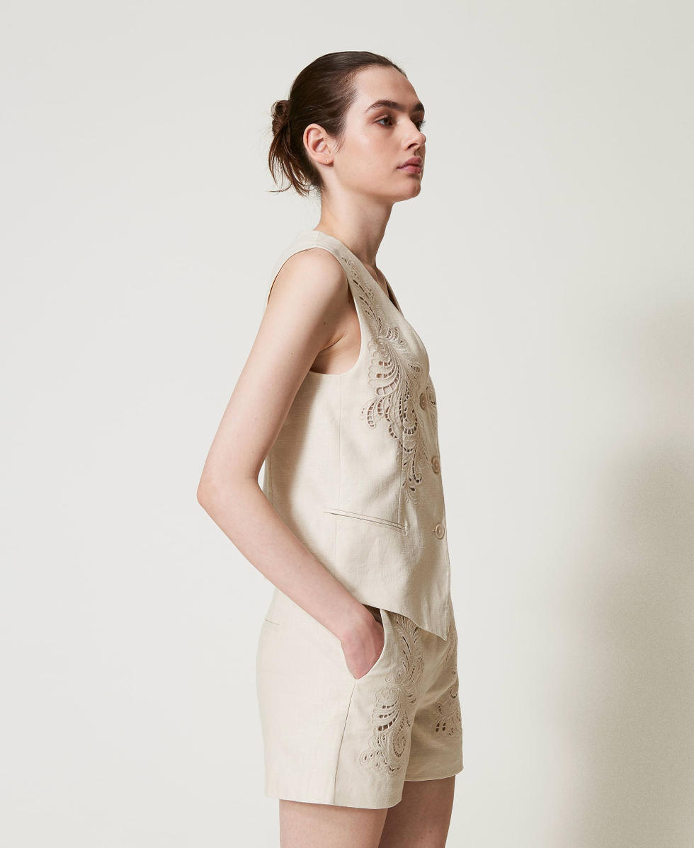 Linen blend waistcoat with embroidery Mother Of Pearl Woman 251TP2161_00059_02