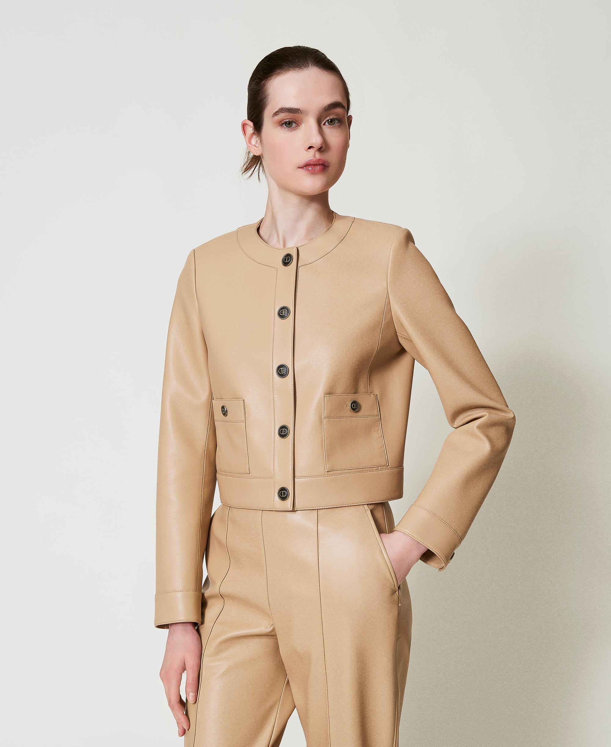 Faux nappa leather jacket with logo buttons