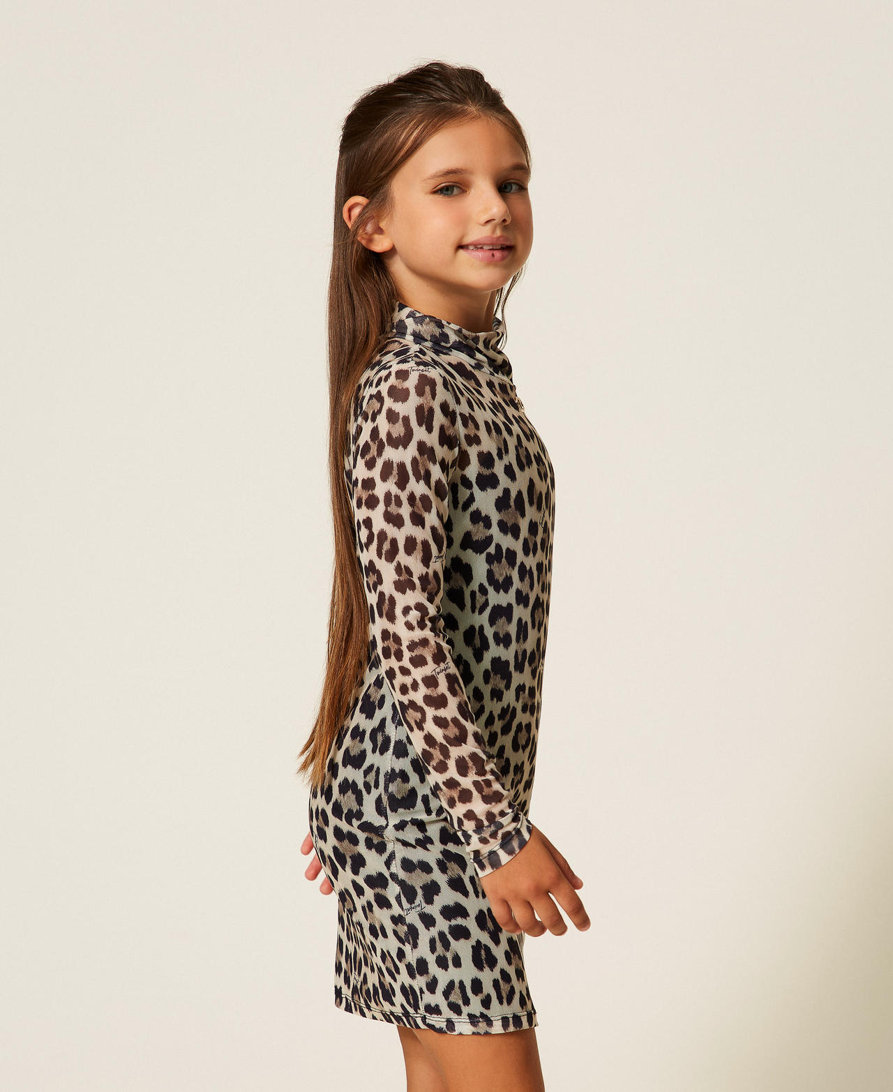 Short animal print tulle dress Leopard Print Girl 252GJ2350_12700_02
