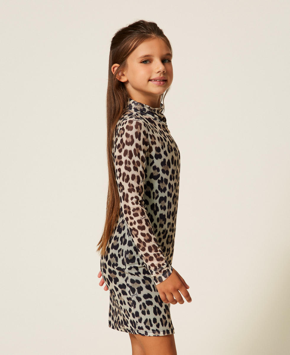 Kurzes Kleid aus Animaltüll Leopardenprint Mädchen 252GJ2350_12700_02