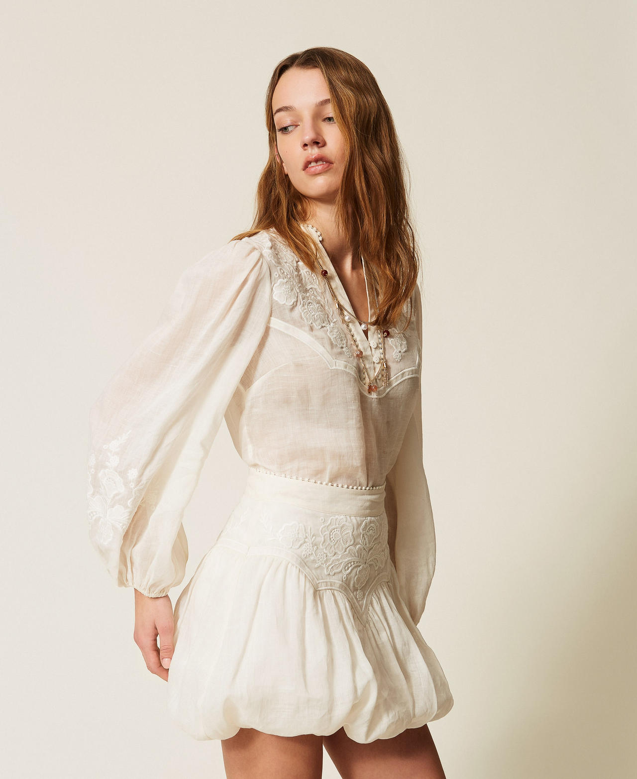 Ramie blouse with embroidery Mother Of Pearl Woman 261TT2291_00059_02